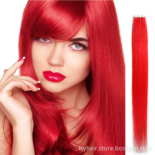 Lsy Customized Wholesale Remy Double Drawn Tape In Hair Extensions, Original Skin Weft Red Russian Human Hair Tape Extensions